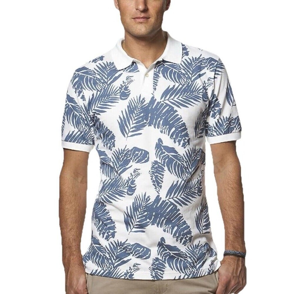 Chaps Polo Shirt Mens XL Tropical Hawaiian Leaf Print Blue White Golf NWT